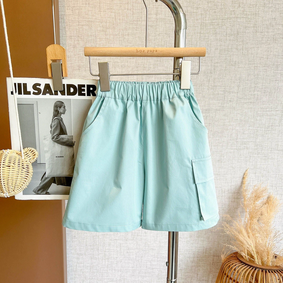 单边立体口袋纯色中裤【蓝】