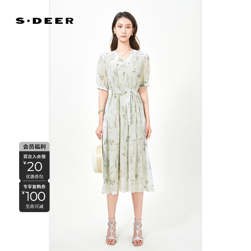 S·DEER圣迪奥法式精致高端时尚碎花轻奢气质收腰夏季女装连衣裙