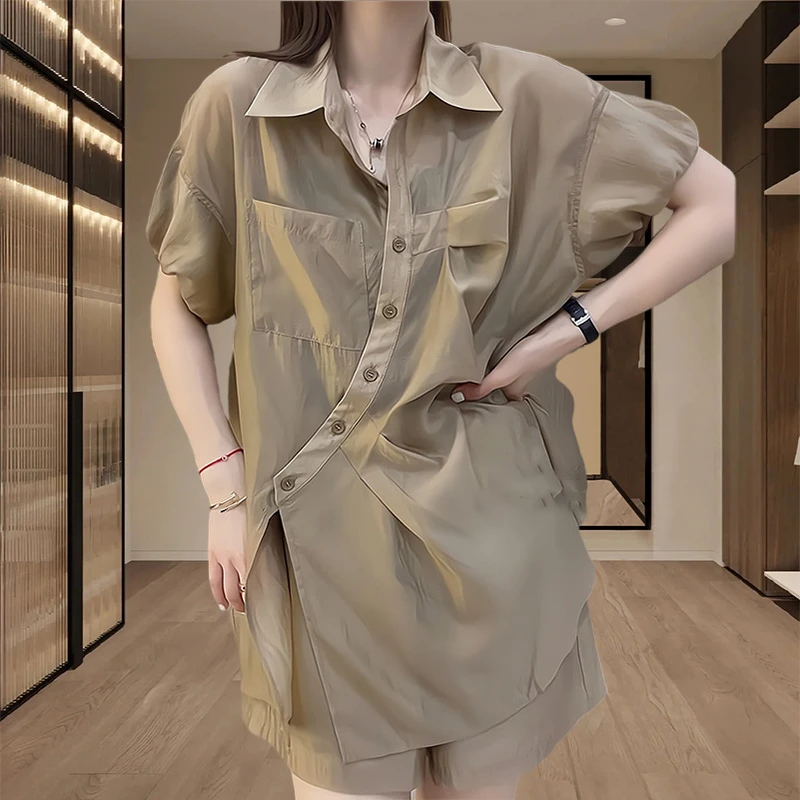 今年流行时尚女装一整套2025新款宽松显瘦不规则衬衣短裤两件套夏