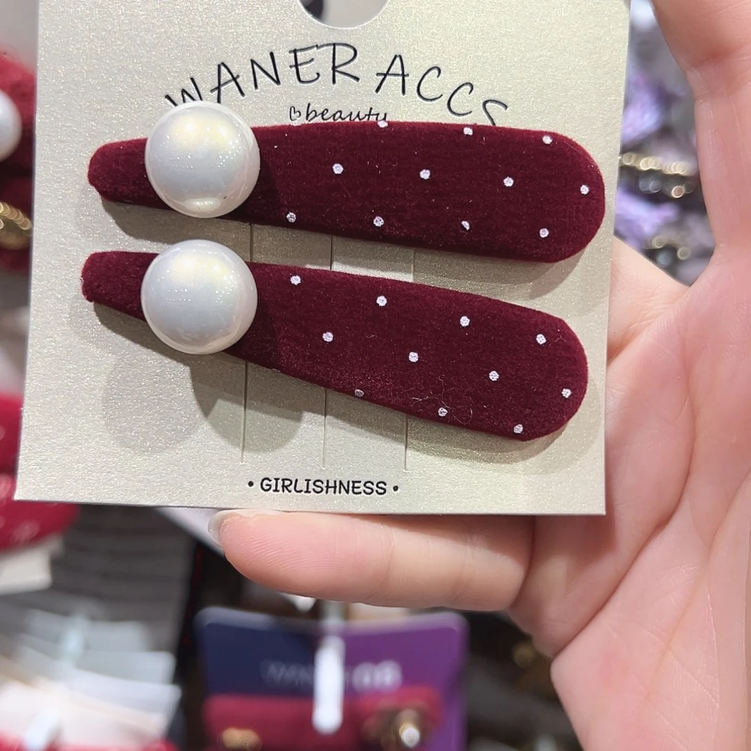 非金属红色丝绒珍珠掰掰夹