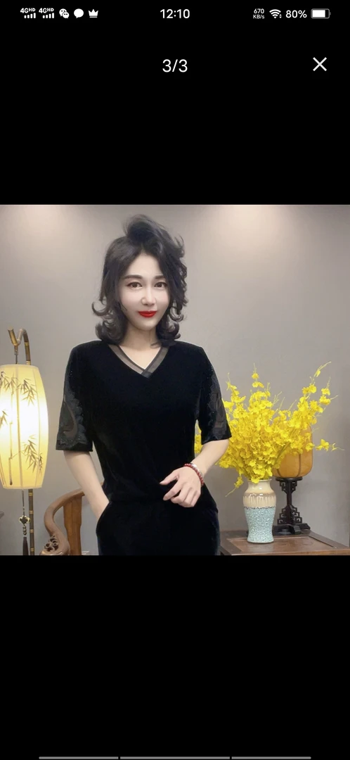 荣荣家新款花边V领丝绒显瘦时尚百搭爆款半袖气质黑色设计师轻奢