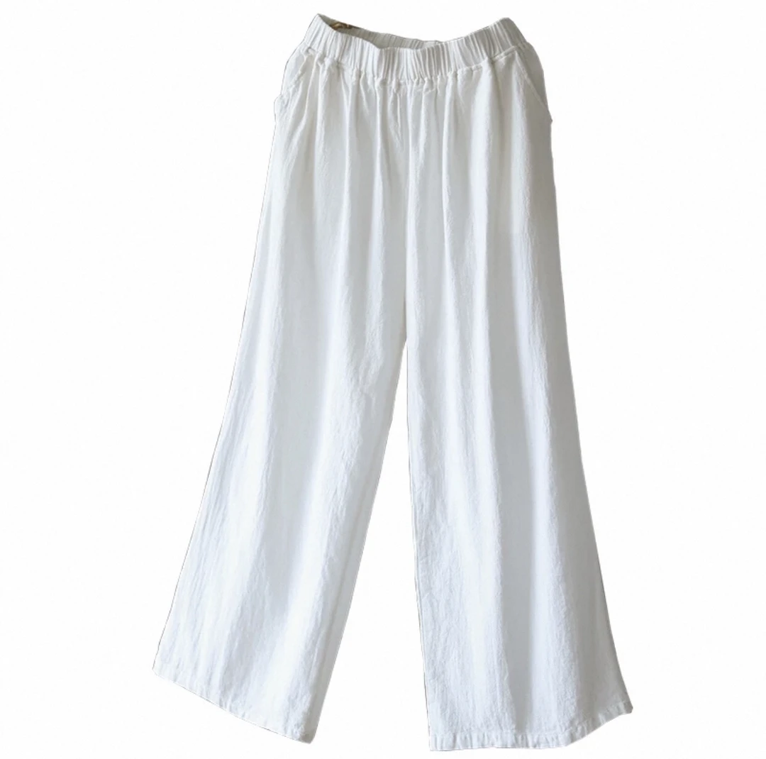 高腰宽松纯色亚麻阔腿休闲裤简约舒适时尚