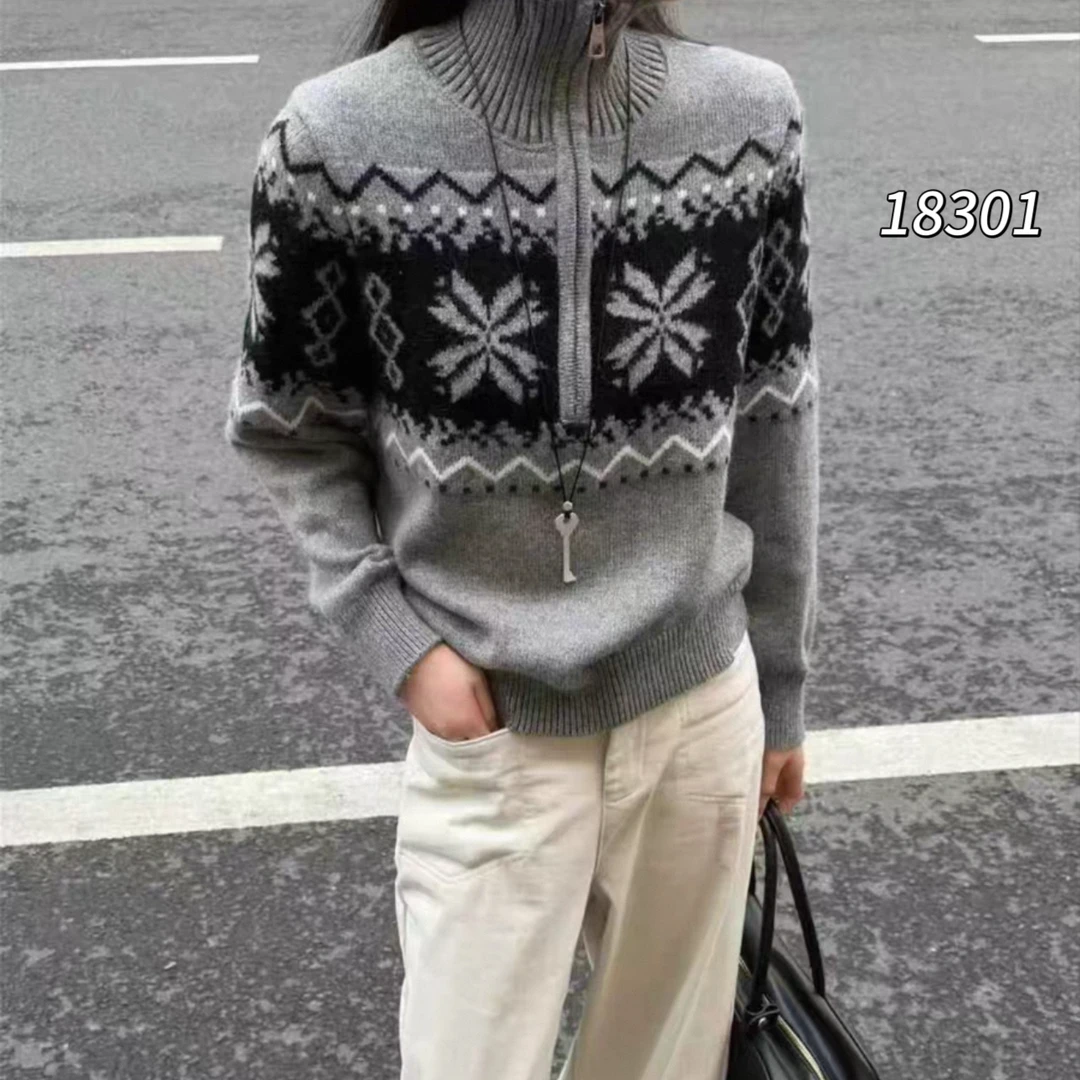 18301（部分无水洗唛介意慎拍）WANGDAN高领半拉链费尔岛长袖针织衫