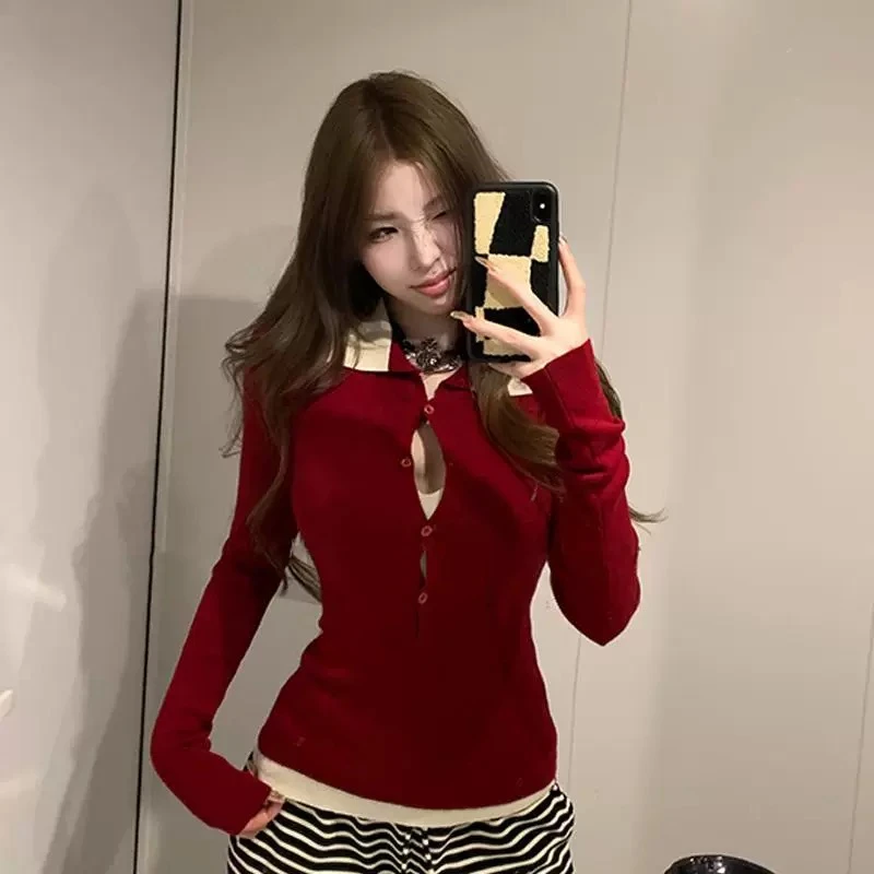 复古设计感拼接假两件修身针织衫女内搭针织上衣