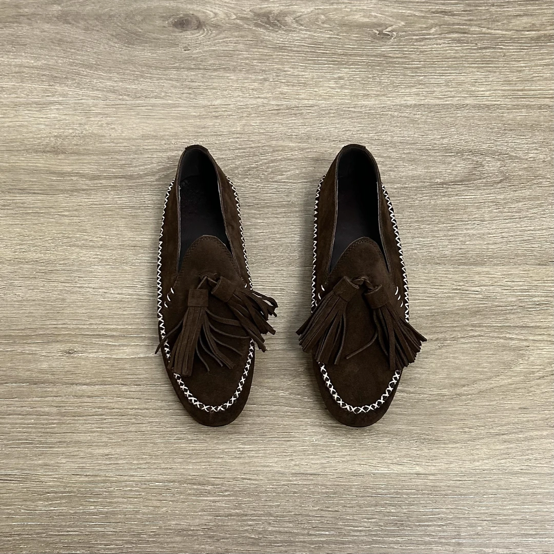 Dannyfrey高丝光牛反绒复古浅口豆豆鞋通勤内增高流苏乐福鞋2.5CM