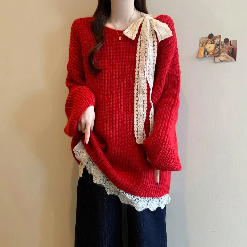 巨好看蕾丝拼接蝴蝶结毛衣女秋冬大码胖妹妹宽松显瘦百搭针织上衣