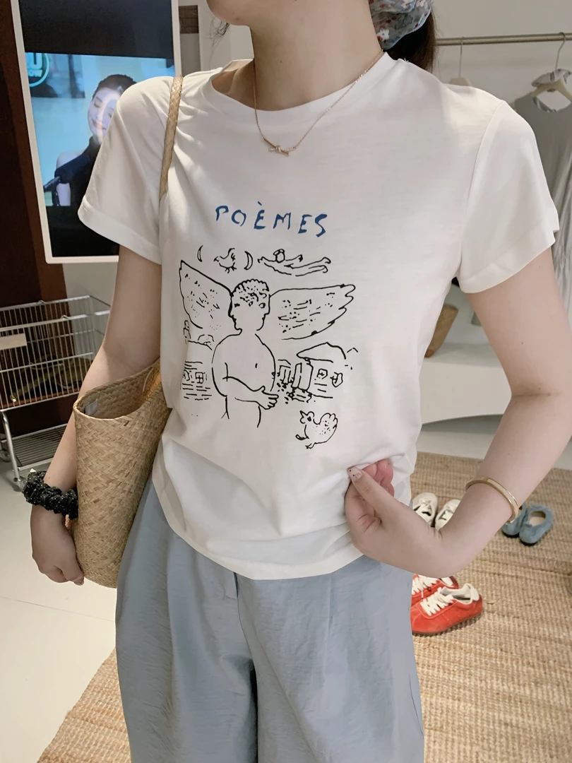 漫姐的店现货【小天使】韩系休闲显瘦时尚百搭手绘印花正肩短袖T恤