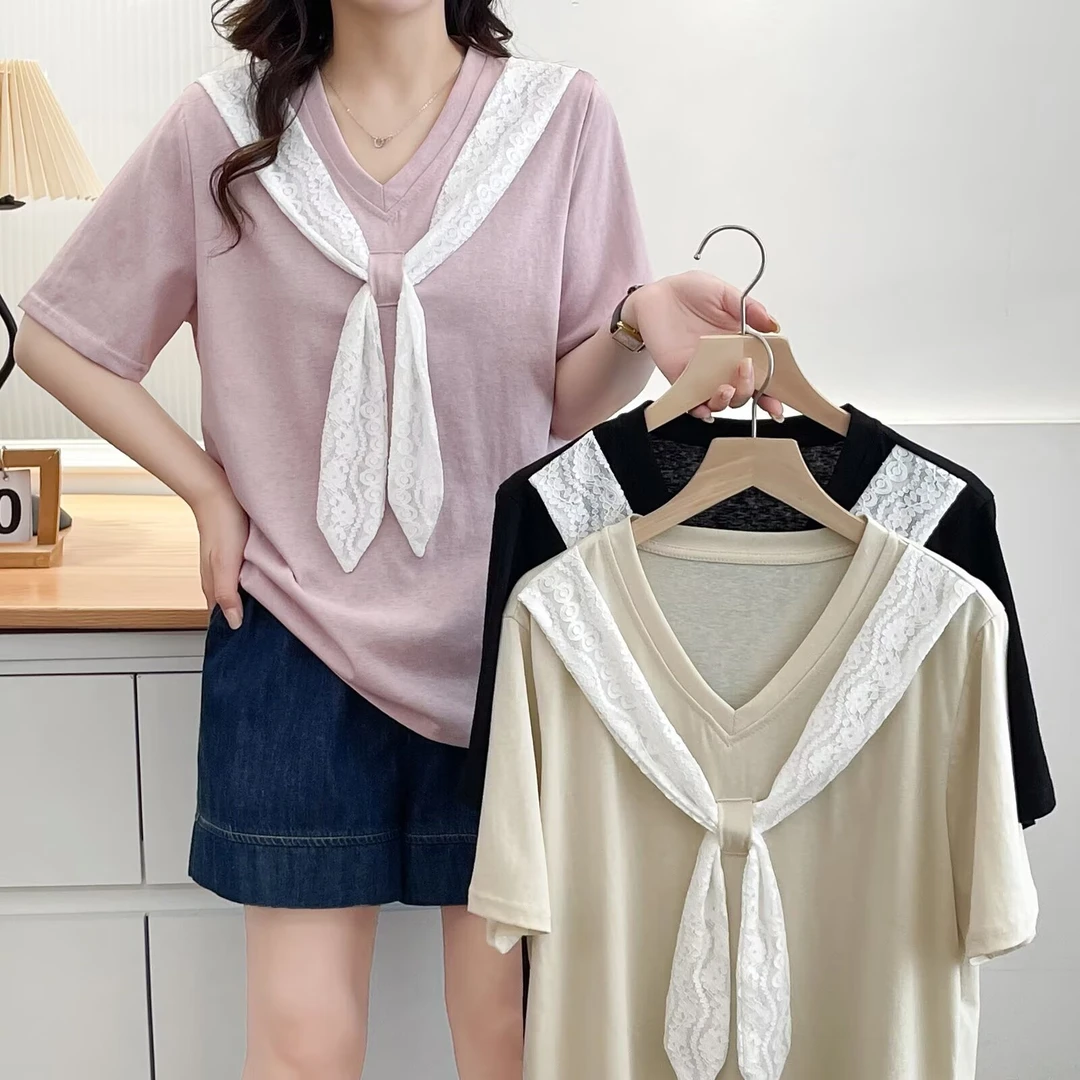 【琦琦】110-190斤大码女装夏季减龄洋气蕾丝领带短袖T恤上衣半袖