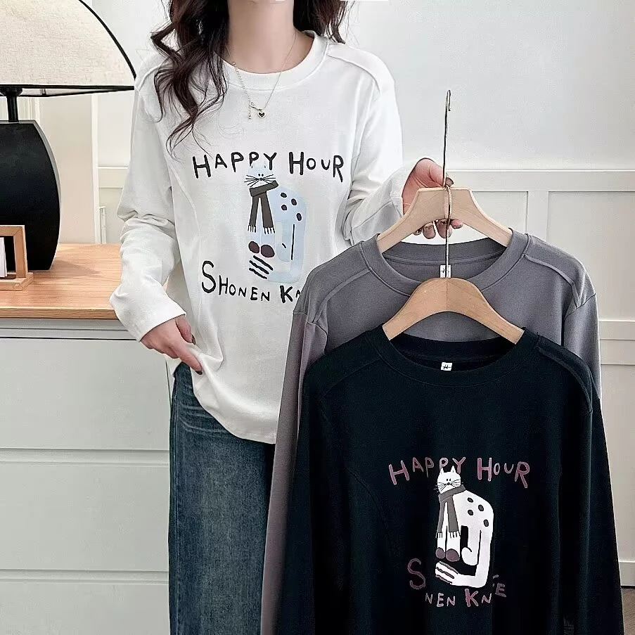 春季大码女装胖MM时尚卡通猫咪印花显瘦长袖T恤显瘦圆领正肩上衣