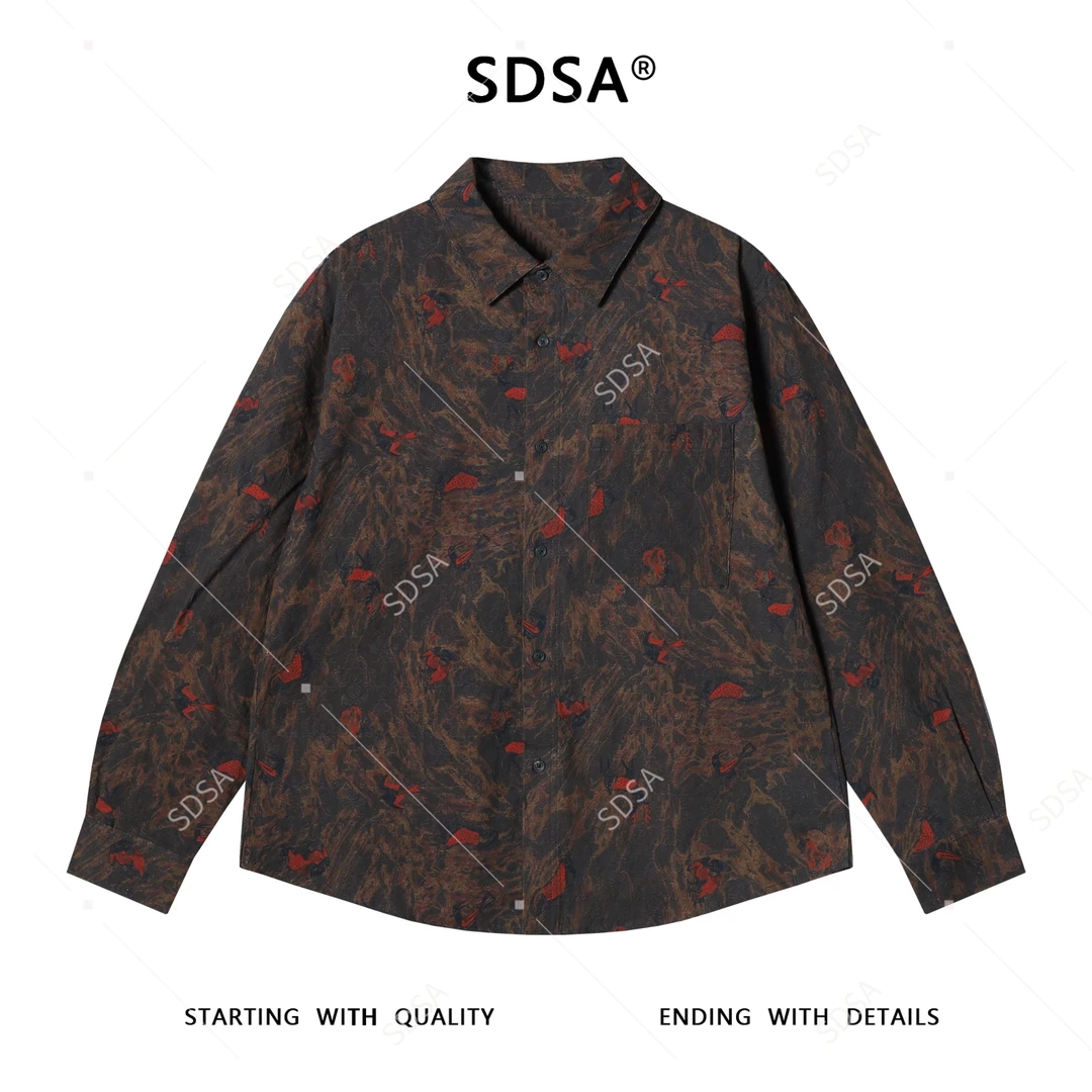 SDSA男士秋冬新款痞帅男装时尚扎染提花红色飞鸟翻领长袖衬衫百搭