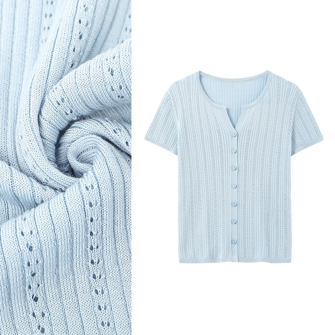 时尚百搭 纯色镂空短袖针织衫女夏季新款简约薄款上衣