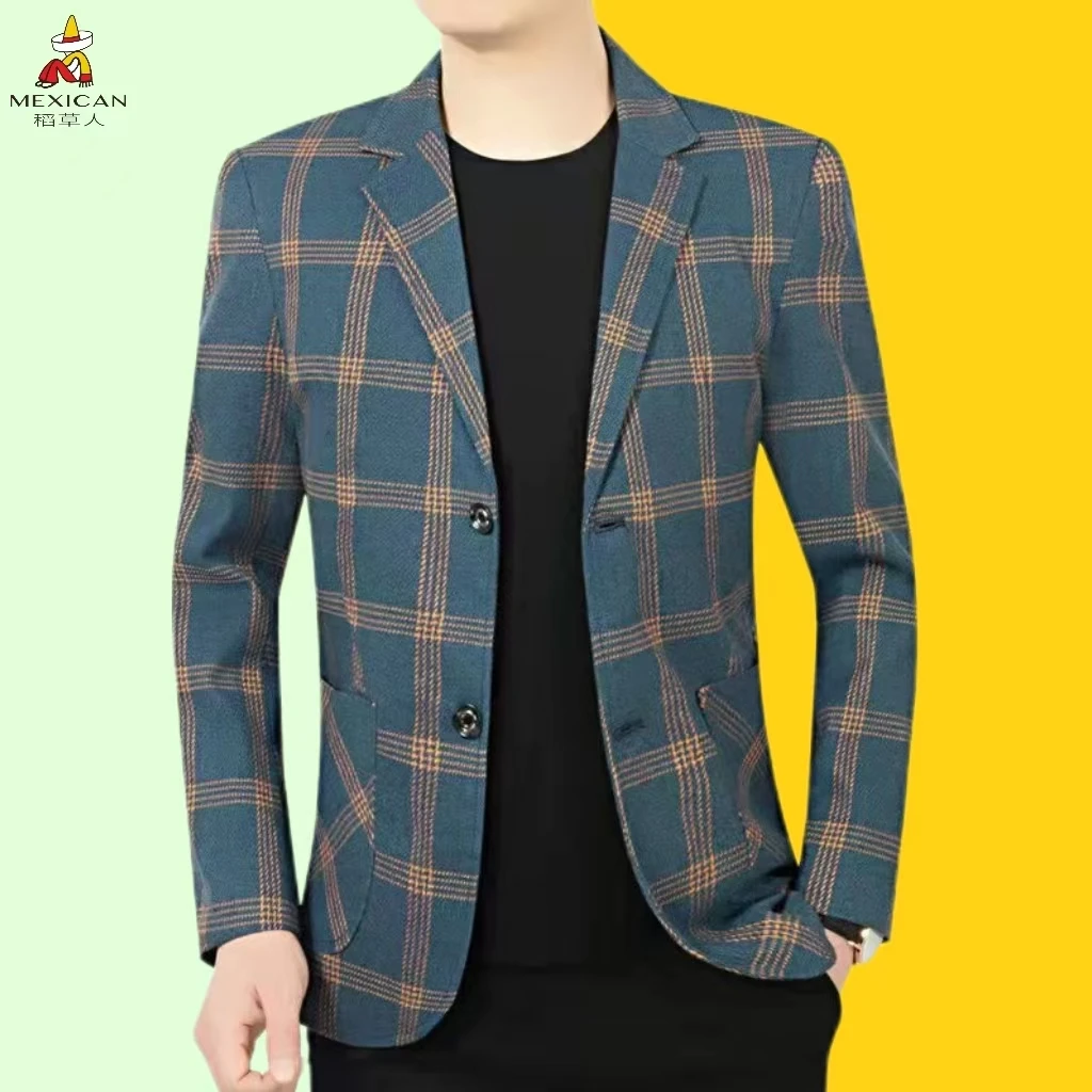 稻草人春秋季中年休闲小西装男士帅气格子上衣高档爸爸装西服外套