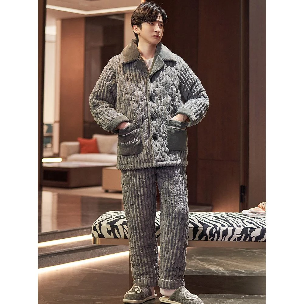 三层夹棉袄睡衣男士冬季珊瑚绒加厚女士冬季加厚加绒三层夹棉睡衣