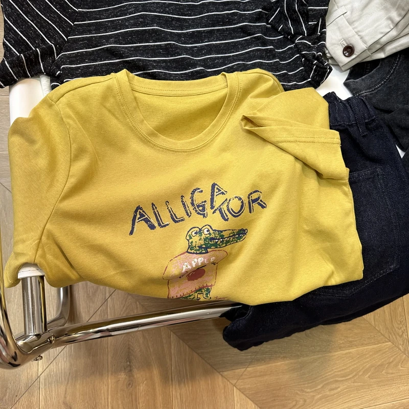 夏季韩系显白黄色小鳄鱼印花圆领短袖t恤