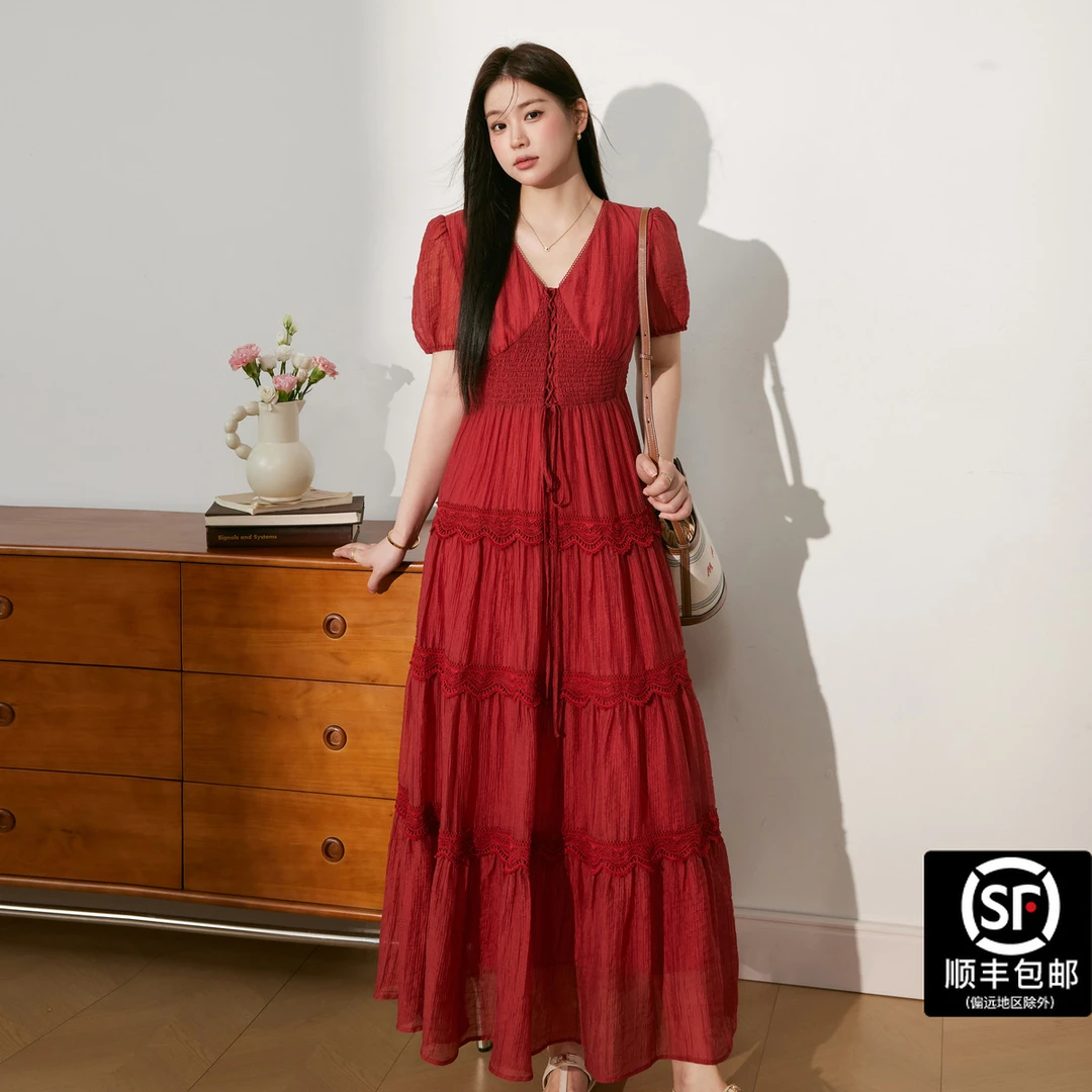 蓝语夏季中长裙短袖大码连衣裙高腰泡泡袖A字裙长裙V领蛋糕小红裙