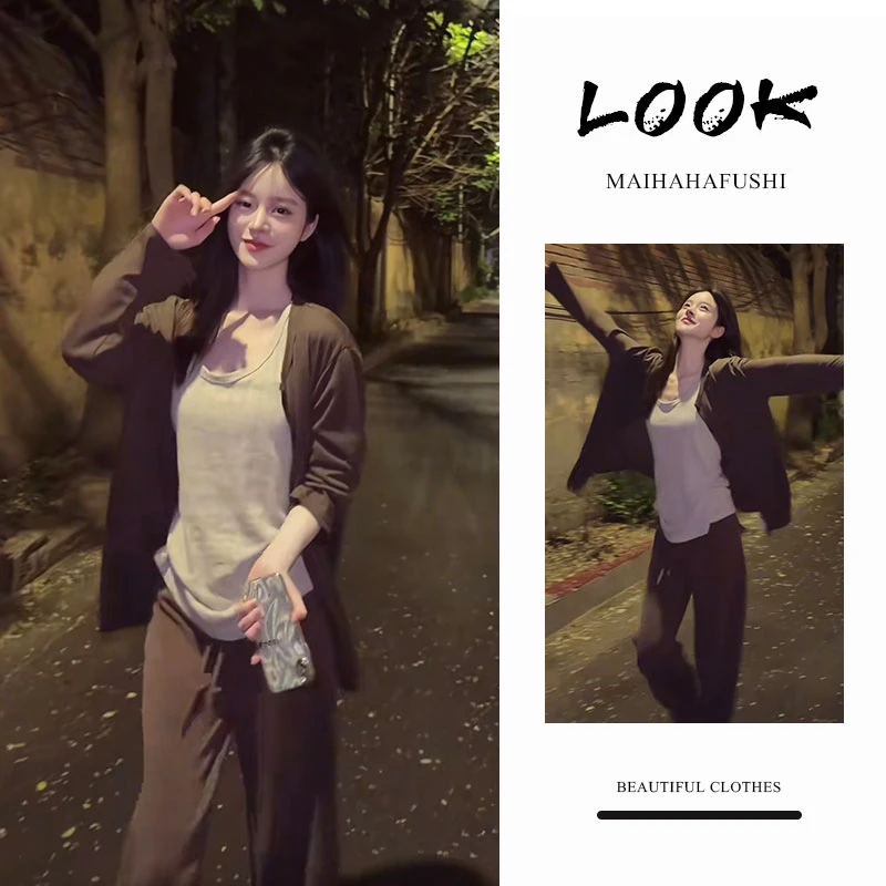 夏季一整套女装2025新款韩版休闲风薄款开衫吊带背心阔腿裤三件套