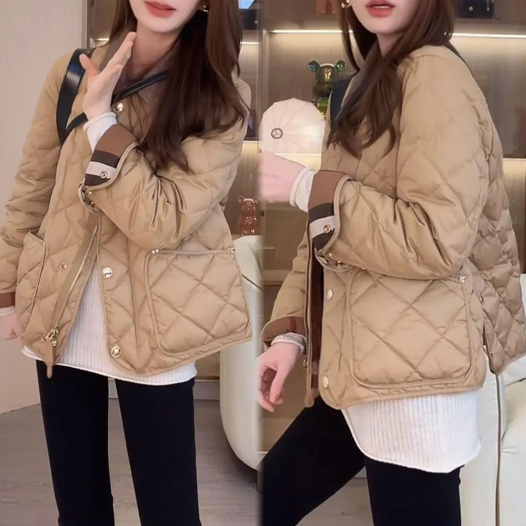 小众洋气设计感显瘦保暖棉衣2025秋冬新款简约复古菱形格棉服外套