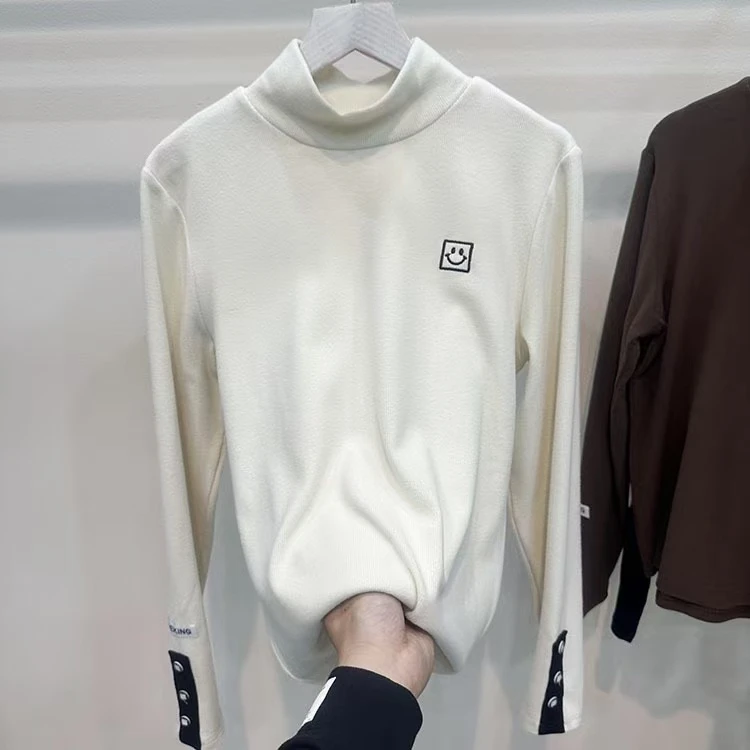 1629#加厚打底衫女内搭保暖修身半高领笑脸刺绣上衣潮