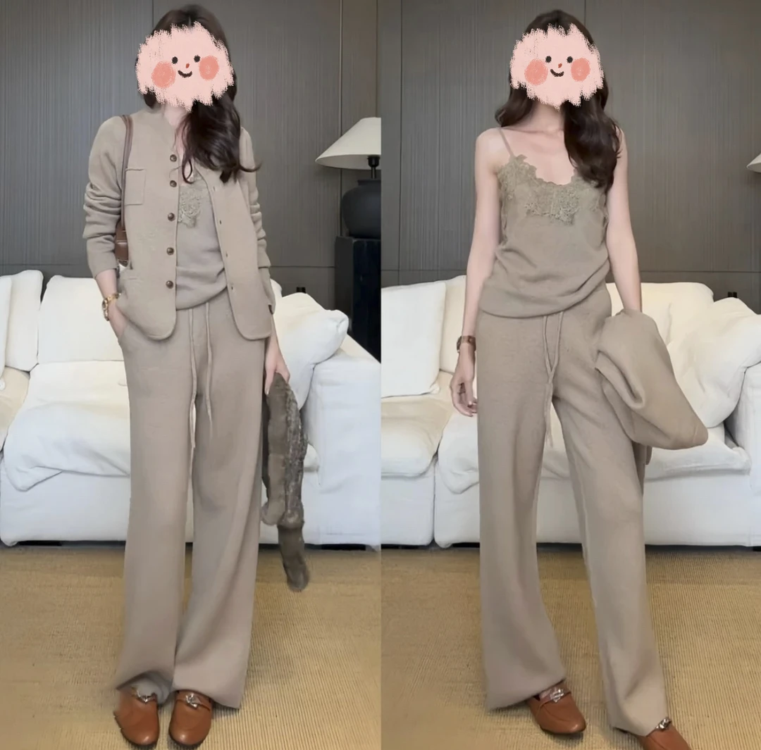 2025秋冬季新款时尚老钱风气质开衫外套拼接吊带背心休闲裤三件套