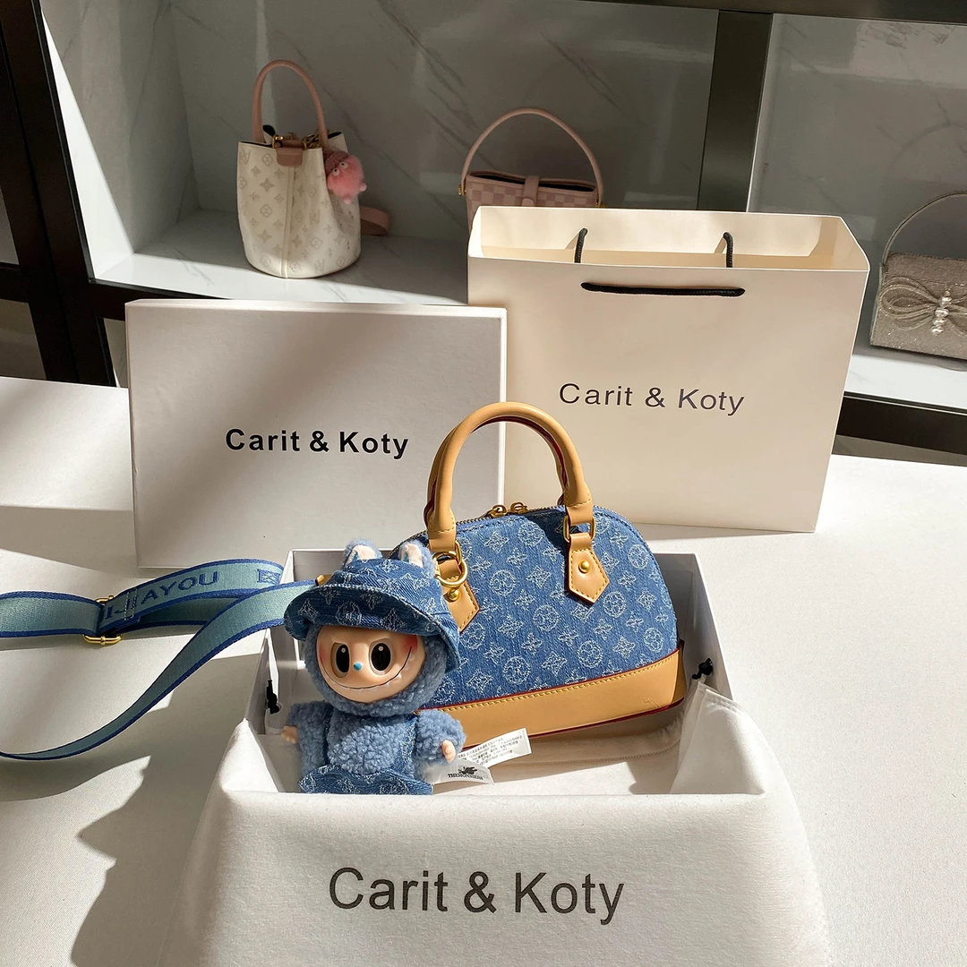 带公仔【亦菲同款】大牌印花牛仔蓝贝壳女包2025新款手提包斜挎小包