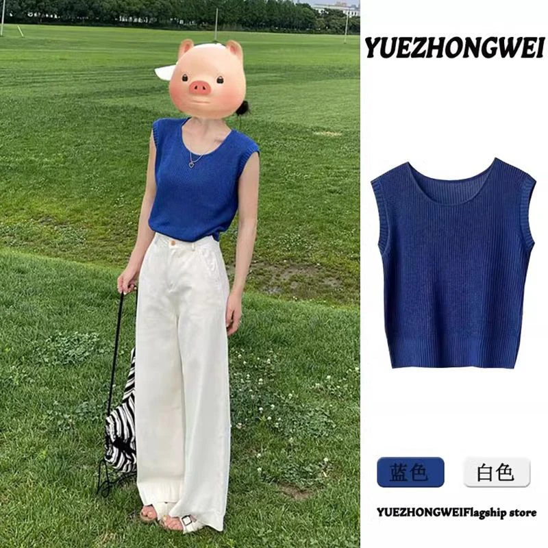 蓝色V领冰丝短袖针织衫女夏季新款小众别致外穿无袖背心小上衣潮