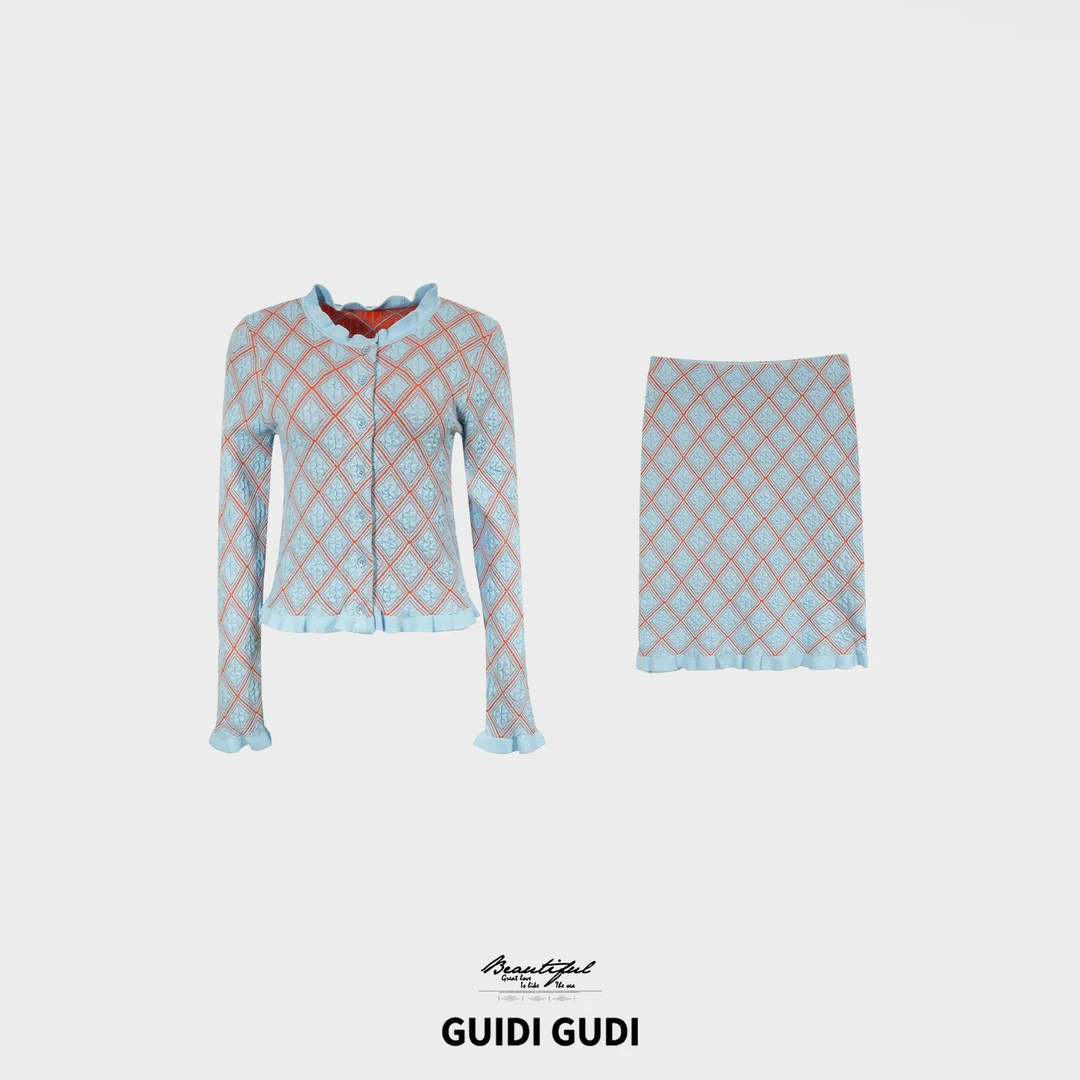 GUIDI GUDI【海洋格】设计感高级撞色菱格花边两件套套装/黄加蓝