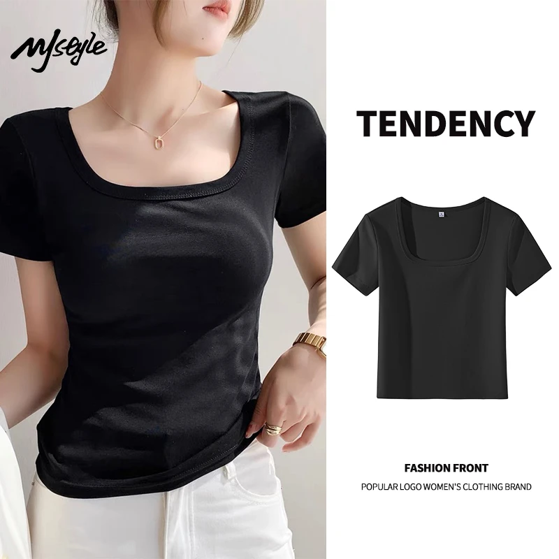 MJSTYLE美式辣妹方领露锁骨正肩短袖t恤洋气衣服女小众收腰上衣