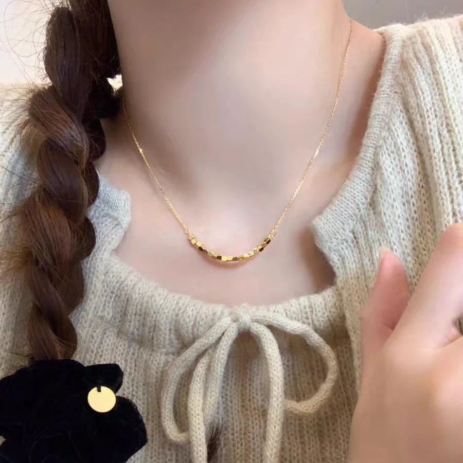 铜合金项链 简约百搭女锁骨链小方糖项链洗澡不用摘百搭气质金色