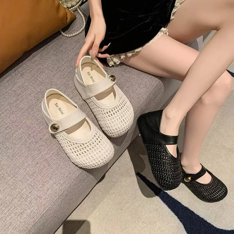 镂空空洞洞鞋编织女软底闪亮凉鞋中跟休闲女鞋透气
