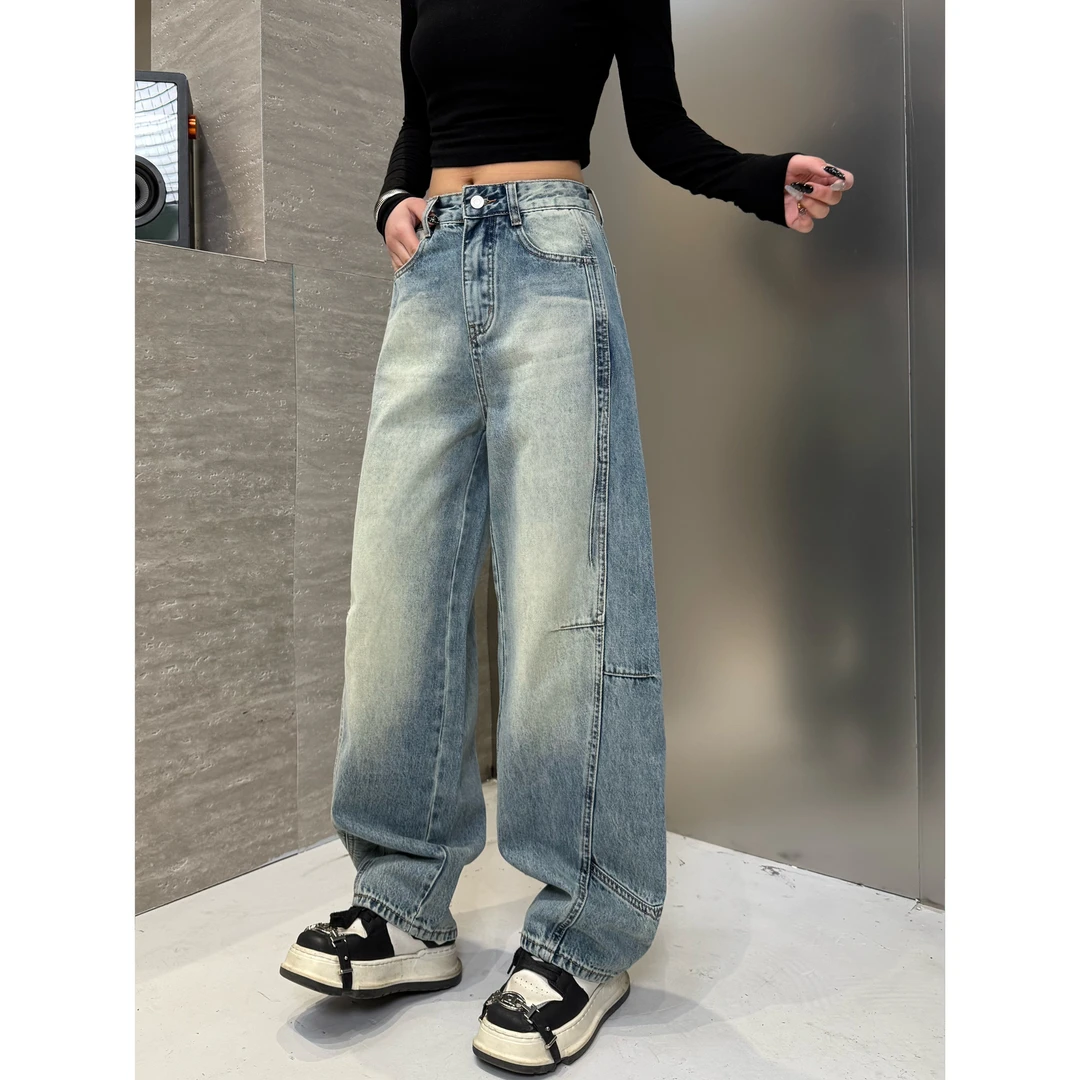 7A226-蓝【N5专享】早春新款水洗蓝渐变大阔腿弯刀休闲牛仔裤女