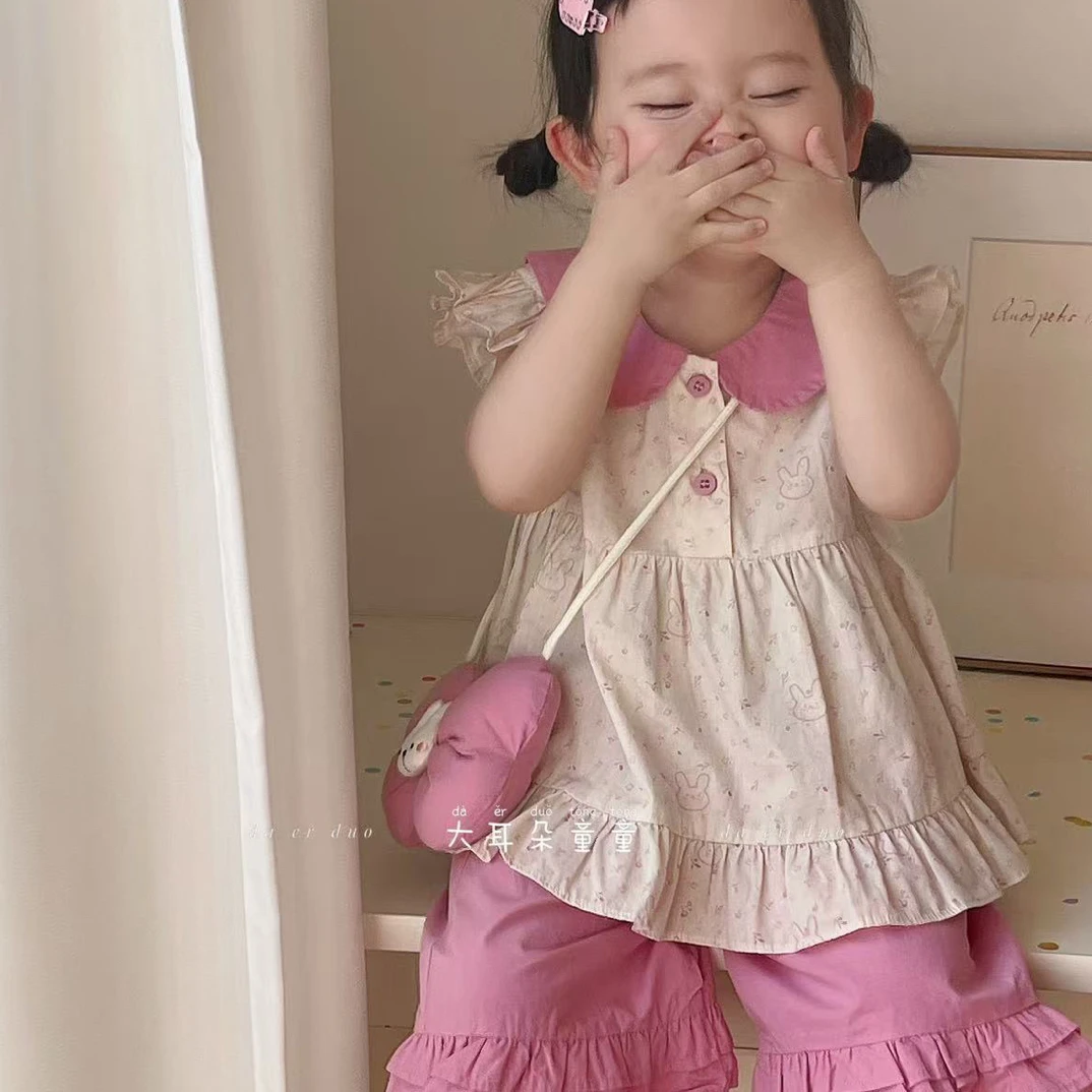 女童套装夏装2025新款洋气童装儿童背带衣服两件套夏季宝宝七分裤