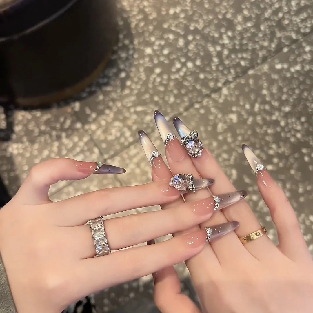 纯手工中长款【原创实拍】紫色猫眼法式钻高级感纯手工美甲穿戴甲片