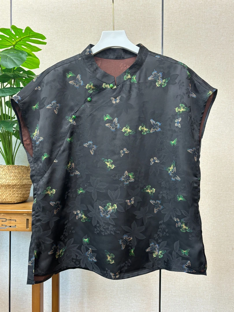 【花蹊】新中式蝴蝶提花国风盘扣小衫上衣女173