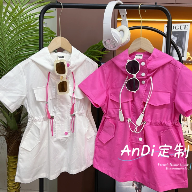 〖ANDI〗订制夏季中大童女童时尚新款连帽短袖连体裙3937