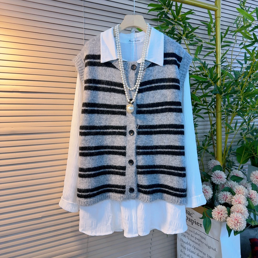 9823胖mm欧货秋冬新款条纹针织开衫马甲搭翻领衬衫百搭时尚两件套