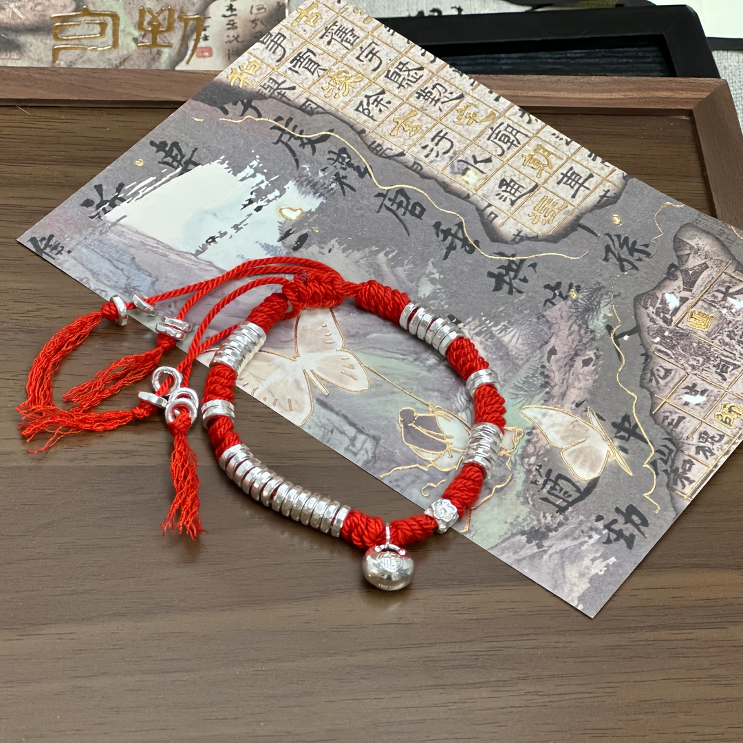 足银手链 小胖福盘缠纯银足银手链-足银999.9古风纯手工红绳情侣