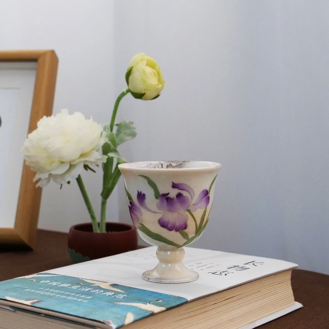 四海新品【陶一丁鸢尾花系列高脚杯】中式精美陶瓷高茶道器具茶杯