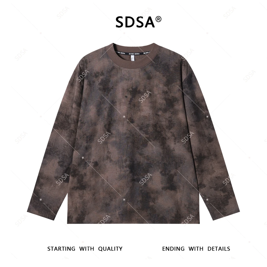 SDSA男士秋冬新款轻奢痞帅男装复古磨破扎染圆领长袖T恤时尚宽松