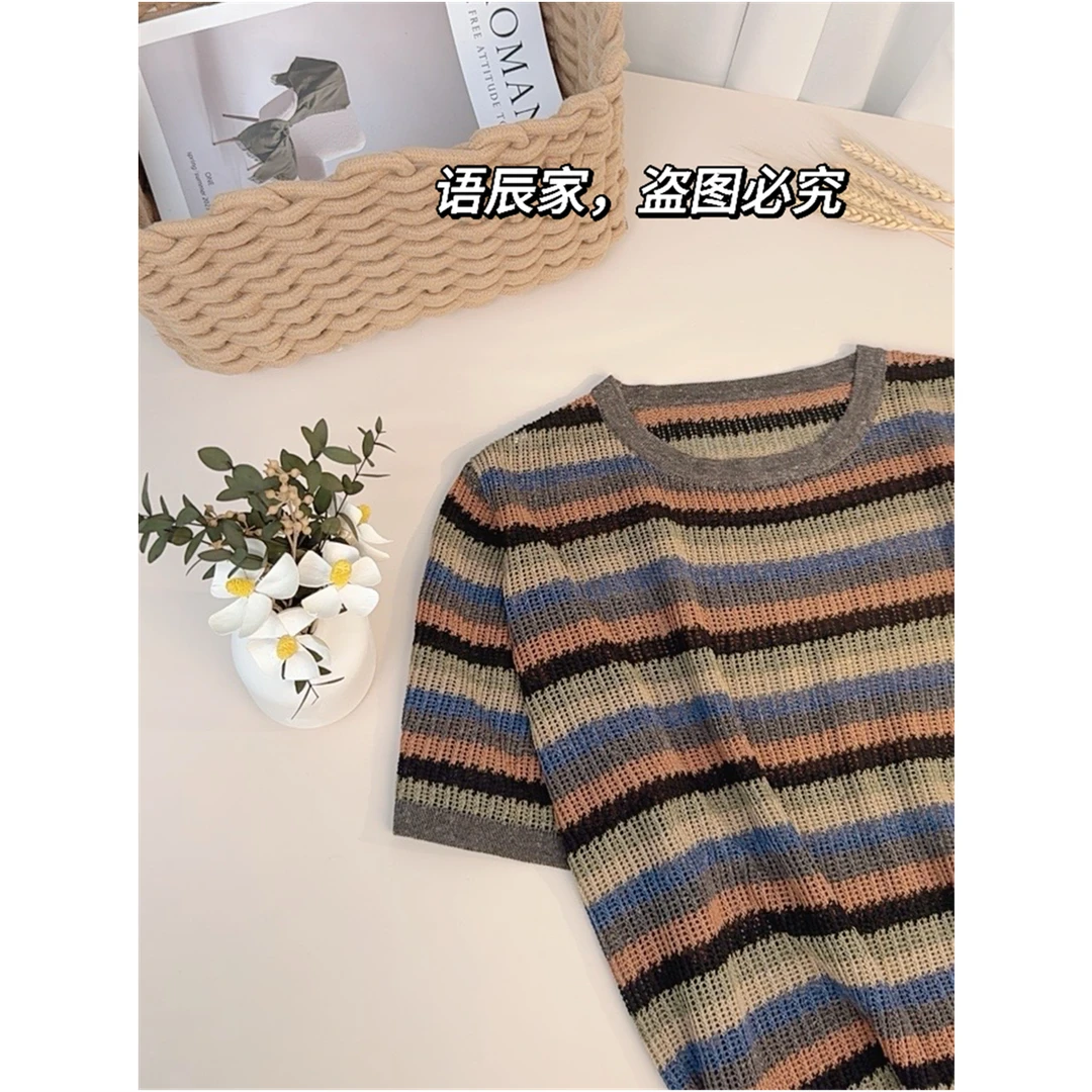 设计感条纹拼色休闲上衣针织衫女  C07