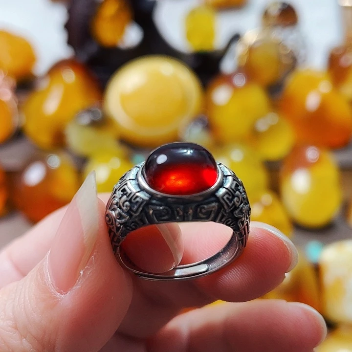 琥珀戒指银S925镶嵌戒指