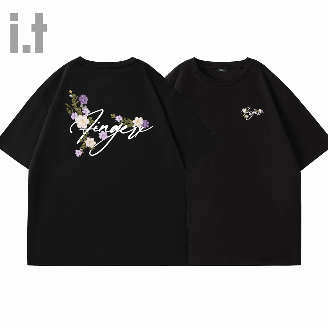 it Fingercroxx黑色短袖t恤女夏季2025新款个性高级碎花字母体恤