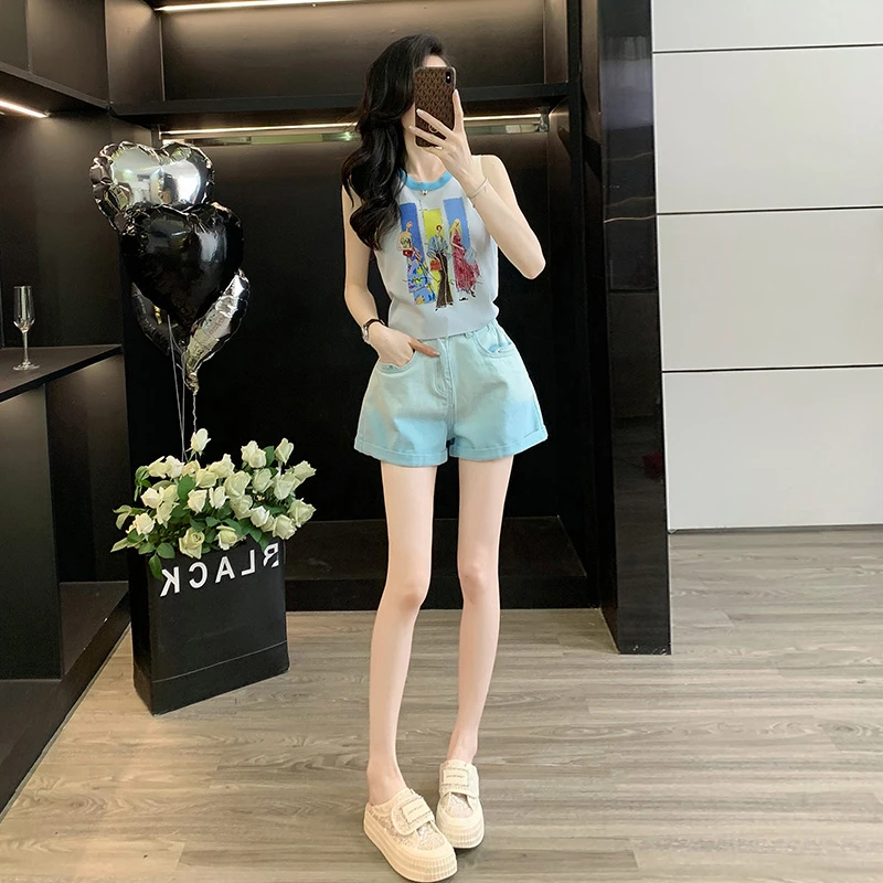 YY女装流行穿搭套装重工烫钻图案针织背心上衣渐变高腰牛仔短裤SM
