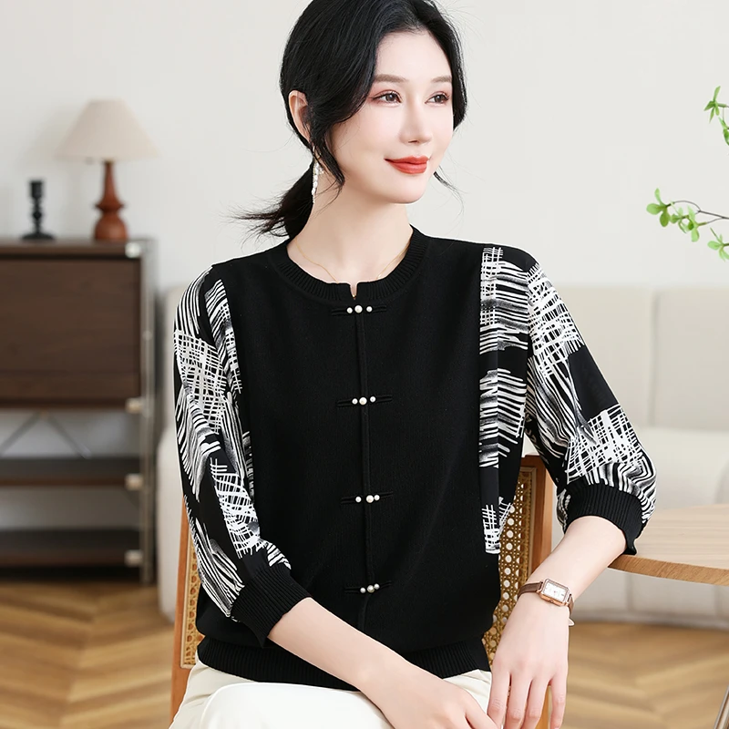 2025新款妈妈春装薄款纱袖针织小衫中老年人女春夏季洋气T恤上衣