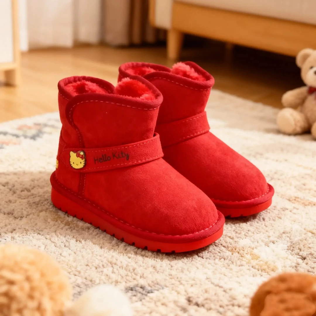 女童冬季新款加绒防滑卡通图案软底保暖雪地靴