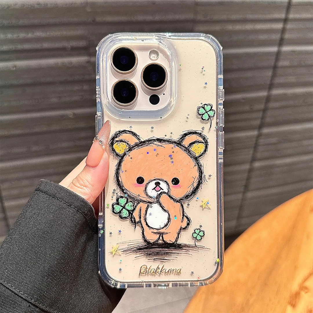 闪粉星星轻松熊适用苹果16promax手机壳新款iphone15保护套卡通