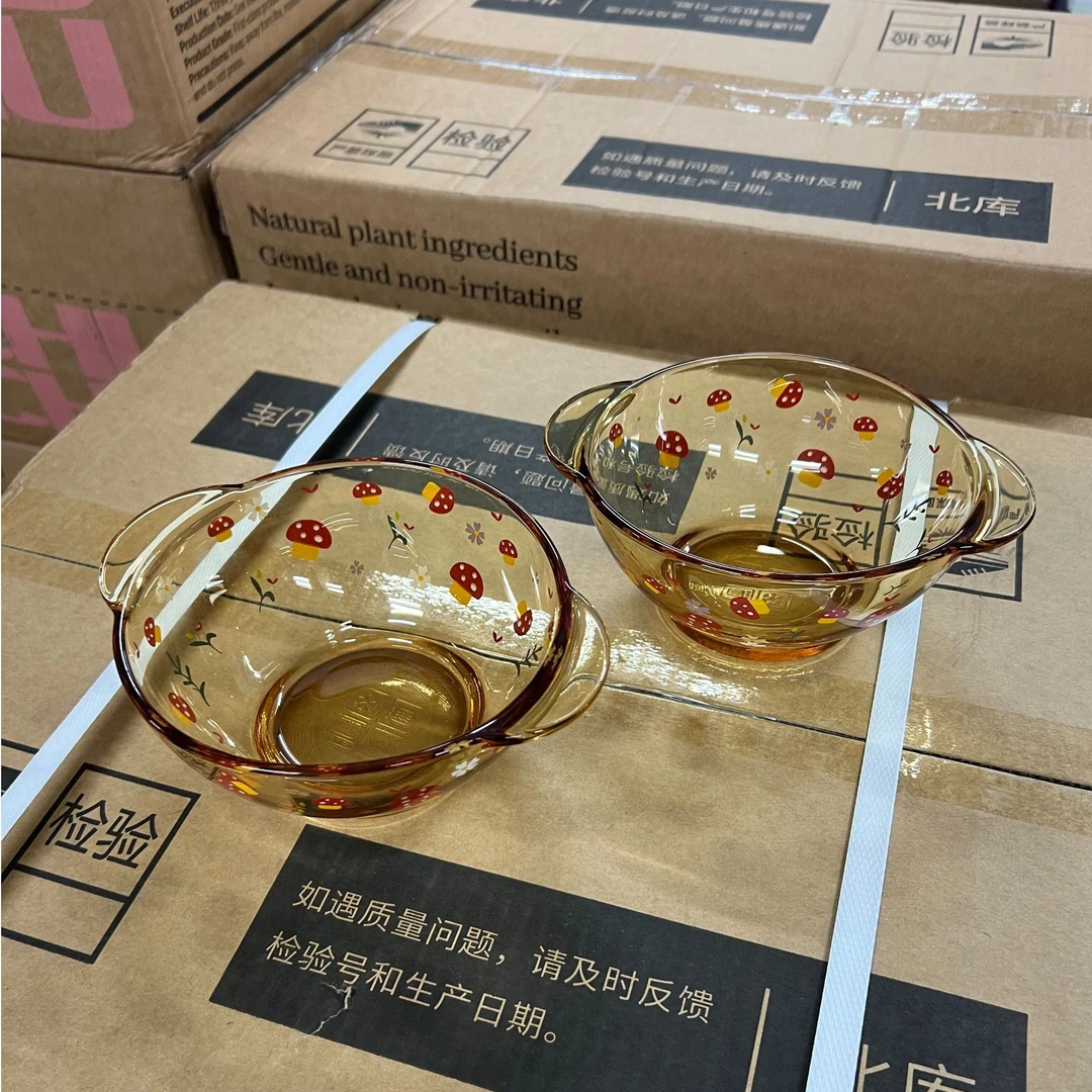 两只500ml蘑菇琥珀原色高硼硅玻璃双耳碗家用耐高温沙拉碗米饭碗