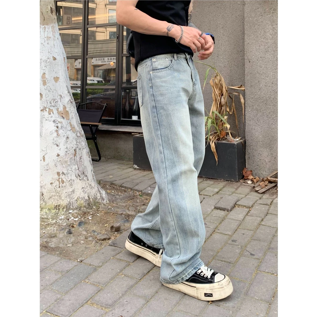 QUALCOMM美式竹节纹显瘦微喇牛仔裤男春夏cleanfit百搭宽松拖地裤