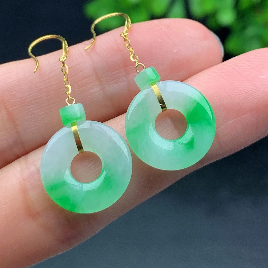 3328缅甸天然A货翡翠18K金镶嵌阳绿甜甜圈耳钩裸石尺寸14/2.5mm