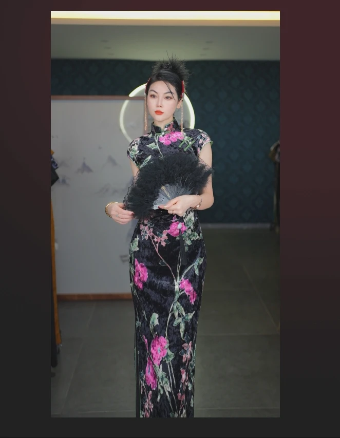 2025春季新款高端优雅黑紫优雅旗袍日常高级修身显瘦