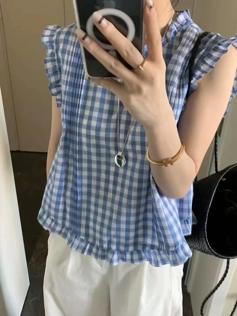 【肉总】圆领木耳边格子显瘦百搭洋气上衣532